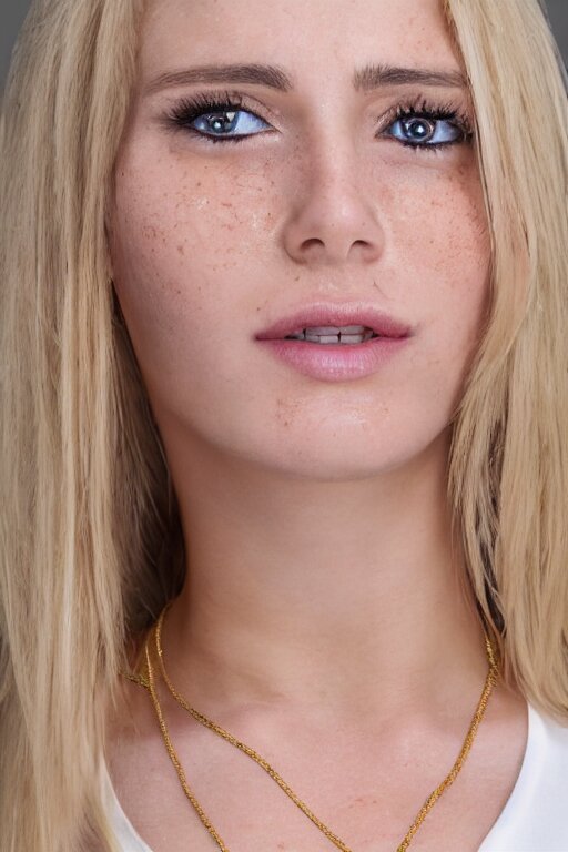 2 4 year old professional blonde female wearing white v - neck top, single gold chain necklace, neck zoomed in, photo realistic, extreme detail skin, very few freckles, no filter, slr, golden hour, 4 k, high definition,! dream 2 4 year old professional blonde female wearing white v - neck top, neck zoomed in, photo realistic, extreme detail skin, light freckles, no filter, slr, golden hour, 4 k, high definition, photograph, selfie - h 7 6 8 - n 9 - i, selfie 