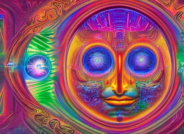 trasnformation into transcendence into collaborative intelligence, endless collaboration with ai, connectedness, body, by alex grey, album cover, award winning, beautiful, colorful, volumetric lighting, trending on artstation, cinematic 