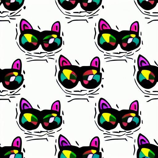 pattern made of several repeating cats wearing sunglasses. cartoon. colorful. cute. 