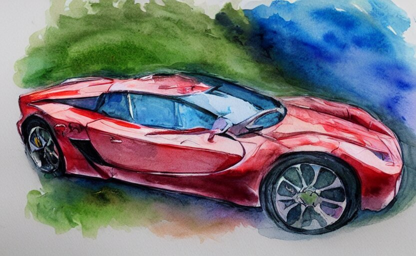 colorful watercolor sketch, sport car 