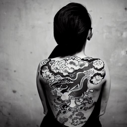 photography of the back of a woman with a black detailed irezumi tatto representing a cute caracal on her entire back, dark hangar background, mid-shot, editorial photography