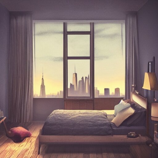 cozy rustic bedroom with a night view of new york in heavy mist, highly detailed, artstation, concept art 