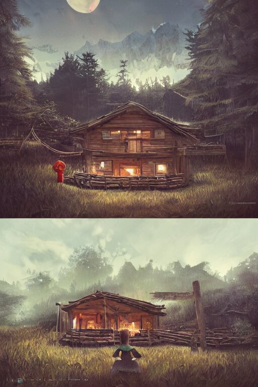 an awesome twilight day concept art of old hut with chicken legs, by kengo kuma and wes anderson with village, mixed development, cgsociety, fantastic realism, artstation hq 