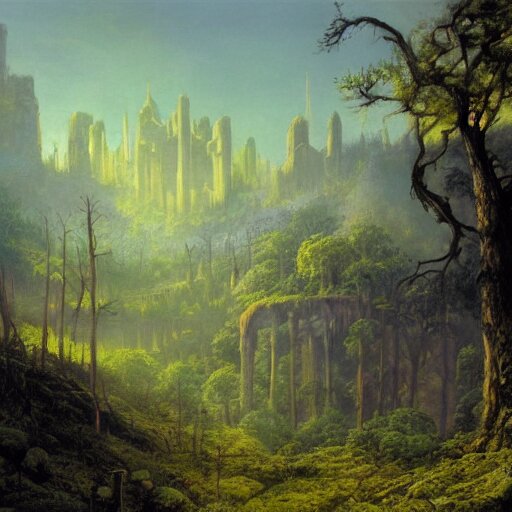 fortress in the misty woods, crisp, clear, matte oil painting, darrell k sweet, wallpaper 