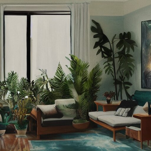 ! dream a living room with plants and speakers and a painting on the wall, a photorealistic painting by mollie forestier - walker, featured on tumblr, light and space, sanctuary, soft light, aesthetic 