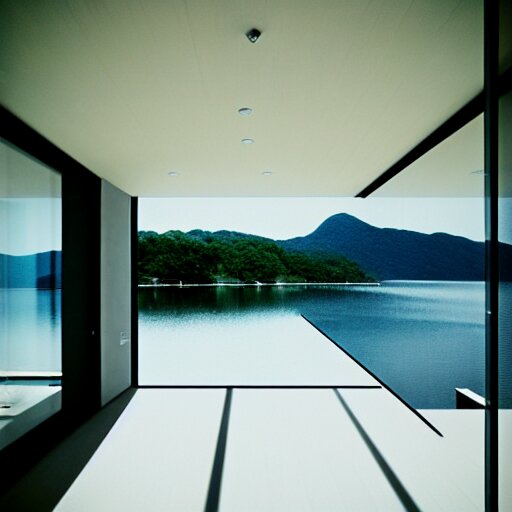 modern house on the lake, artwork by tadao ando, mystic, melancholy, pinhole analogue photo quality, lomography, blur, unfocus, cinematic, foil effect, holographic effect 