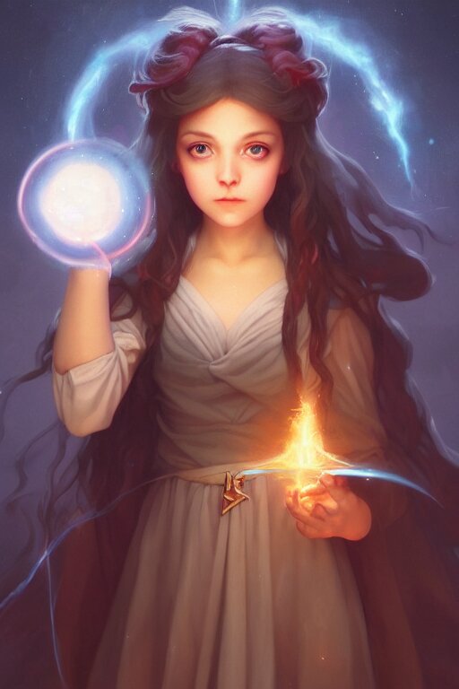 a cute wizard girl conjuring a lightening ball, character art portrait, anime key visual, official media, illustrated by tom bagshaw, wlop, william bouguereau, extremely detailed, 8 k, trending on artstation, cinematic lighting, beautiful 