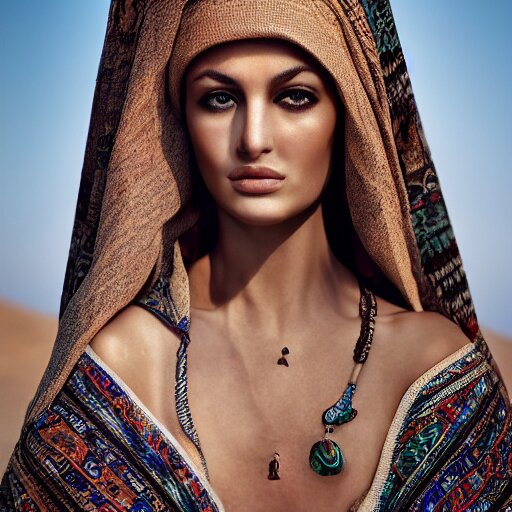 portrait of a stunningly beautiful arabic tribal female, depth of field, zeiss lens, detailed, symmetrical, centered, fashion photoshoot, by Annie Leibovitz and Steve McCurry, David Lazar, Jimmy Nelsson, Breathtaking, 8k resolution, extremely detailed, beautiful, establishing shot, artistic, hyperrealistic, beautiful face, octane render