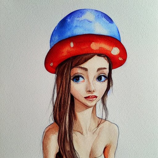 Portrait of a thin girl in full height, elegant pose, a huge toadstool hat on her head, large eyes without a pupil artstation, watercolor, highly detailed,