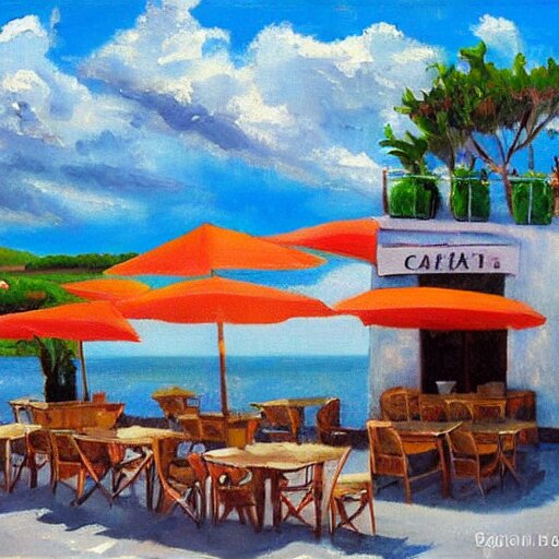 small cafe in italy, capri coast, sea, sunny day, summer, clouds on the sky, oil painting style, 