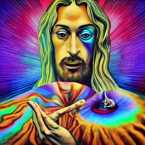 psychedelic ; trippy ; acid trip ; artgerm ; salvadore dali ; surreal ; abstract ; lsd ; jesus christ breaking bread 