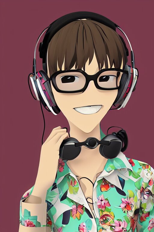 a vrchat avatar man with a buzz cut, a floral print collated shirt, a beaded bracelet, tortoise shell glasses with headphones, anime style, cel shaded, kawaii, cute 