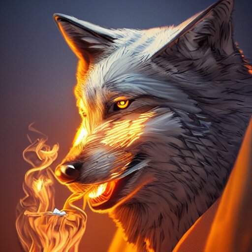 a robotic wolf smoking a cigarette vibrant lighting, elegant, highly detailed, smooth, sharp focus, illustration, beautiful, geometric, trending on artstation, full body, cinematic, artwork by borovikovsky 