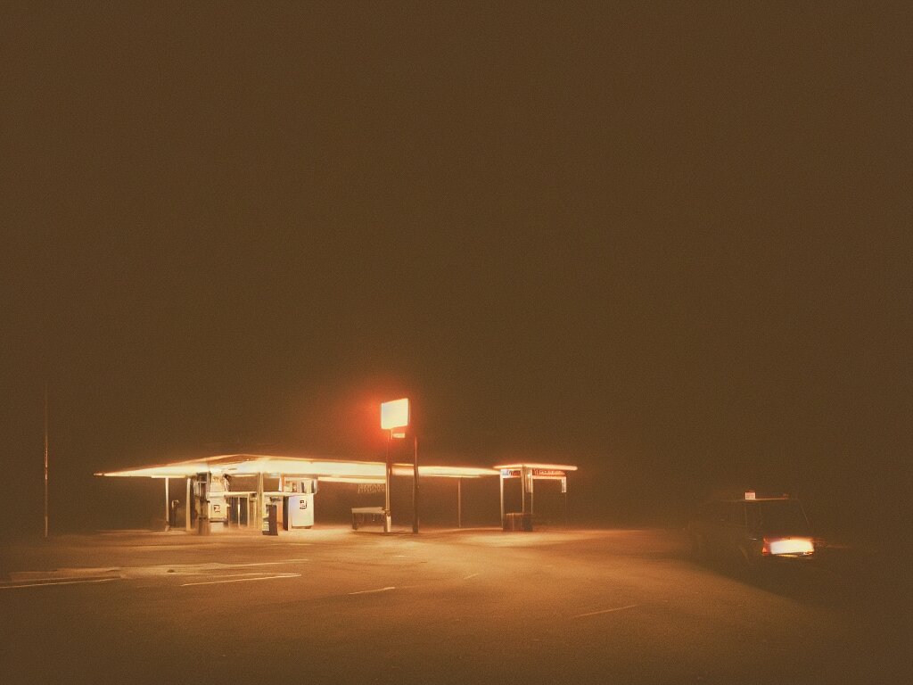 Lexica “35mm film photography of gas station surrounded by forest
