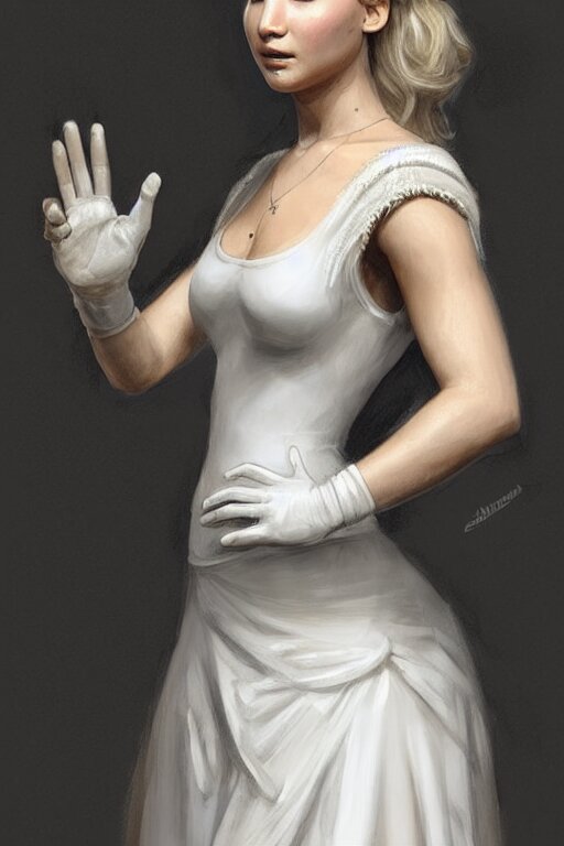 Jennifer Lawrence as Queen wearing a White Dress, anatomy, only two hands, highly detailed, digital painting, artstation, concept art, smooth, sharp focus, illustration, Unreal Engine 5, 8K, art by art by artgerm and greg rutkowski and edgar maxence