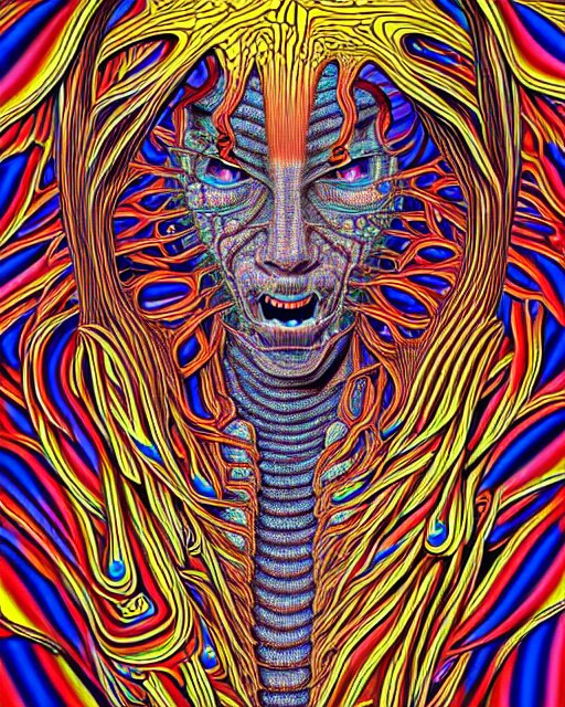 human body breaking away, conjuring psychedelic illustration, part by shintaro kago, part by alex gray, ultra realistic, highly detailed, 8 k, symmetry, fractals, grotesque, vibrant 