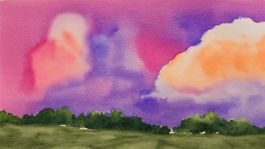 watercolor of a big cumulonimbus cloud on a pink sunset 