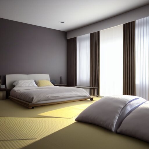 still photo of a japanese master bed room, highly detailed, photorealistic portrait, bright studio setting, studio lighting, crisp quality and light reflections, unreal engine 5 quality render 