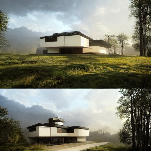 rectangular modernist house inspired by a tibetan palace, surrounded by thick collumns, two levels, in a field, big trees, clouds, dramatic lighting, artstation, matte painting, raphael lacoste, simon stalenhag, frank lloyd wright, drone view 