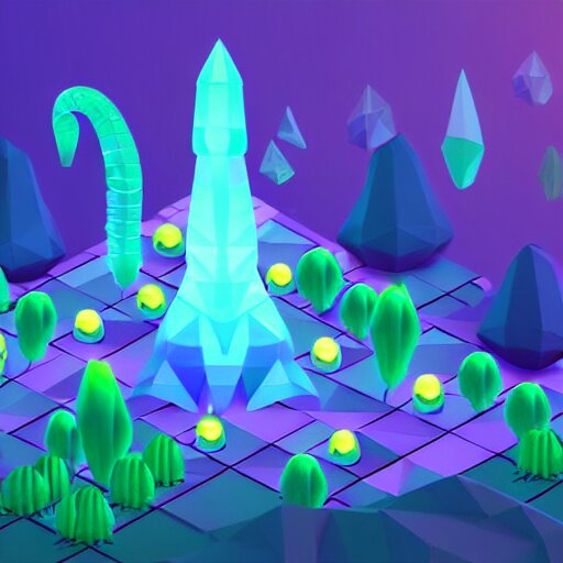 mobile game asset, isometric staircase, crystals, organic low poly vector design, bioluminescent alien - like plants of pandora, aesthetic of avatar's alien nature. we can see alien plants glowing in the dark arround the isometric itens in dark place cyan, orange smooth glow night photoshop filter low poly behance hd 