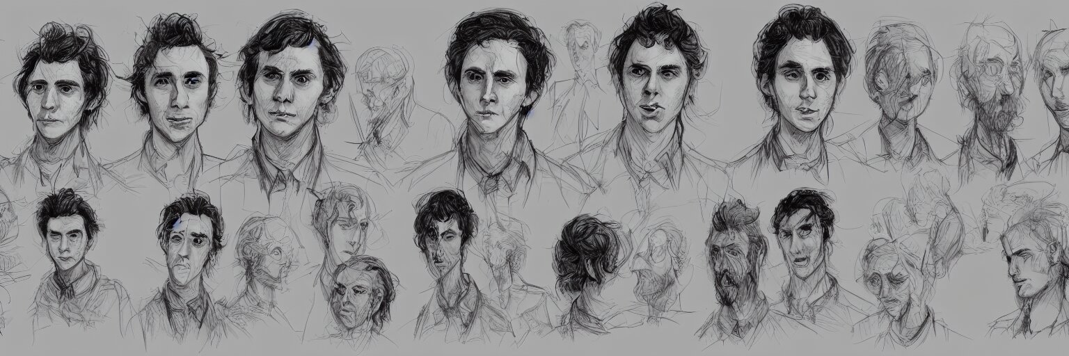 character study of julian lage and paul dano, clear faces, wild, crazy, character sheet, fine details, concept design, contrast, kim jung gi, pixar and da vinci, trending on artstation, 8 k, full body and head, turnaround, front view, back view, ultra wide angle 