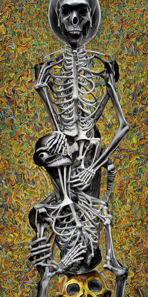 Skeletal a sobbing man and a happy women, furry creatures, highly detailed, half skull face, cinematic, infographic for imaginary animals, golden hour, backlit by an alien planet, sharp focus, psychedelic LSD manga, abstract oil painting by Raqib Shaw and joseph albers, MC Escher illustration, 8k,by Stanley Artgermm,Tom Bagshaw,Greg Rutkowski,Carne Griffiths, Ayami Kojima, Beksinski, Giger,trending on DeviantArt,hyper detailed,horror, full of colour, golden hour