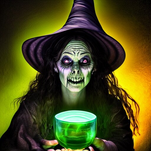 a portrait of a scary ugly witch that is brewing a wicked potion in her cauldron that is marked with magical symbol that are glowing, highly detailed, digital photo, hdri, by christopher bretz and john carpenter, vivid colors, high contrast, 8 k resolution, intricate, photorealistic, smooth, psychedelic color scheme, concept art, award winning, cg society contest winner 