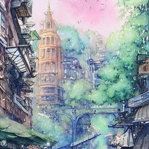 Beautiful happy picturesque charming sci-fi city in harmony with nature. Nice colour scheme, soft warm colour. Beautiful detailed watercolor by Lurid. (2022)