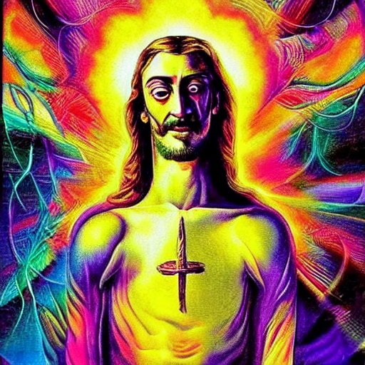 psychedelic ; trippy ; acid trip ; artgerm ; salvadore dali ; surreal ; abstract ; lsd ; jesus christ breaking bread 