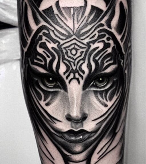 tattoo design of a beautiful girl warrior under a tiger head, hyper realistic, realism tattoo, by eliot kohek, beautiful eyes, realistic face, black and white, white background 