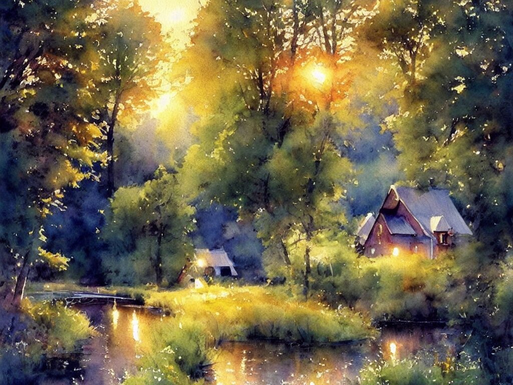 a beautiful night in the swedish countryside, watercolor painting by vladimir volegov 