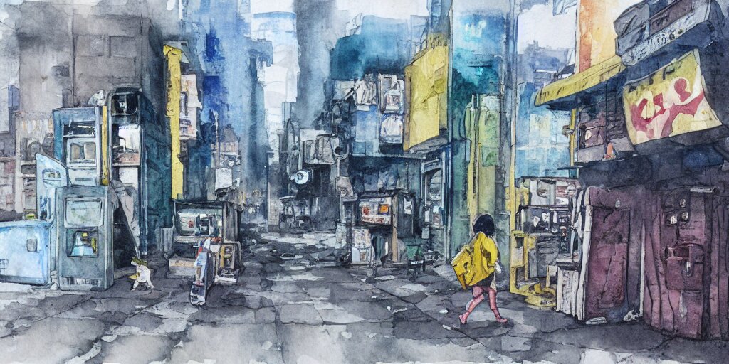 deserted dusty junk town, a girl with a parka and a yellow parasol is running, broken vending machines, scene from the movie Ghost in the shell, watercolor watercolor