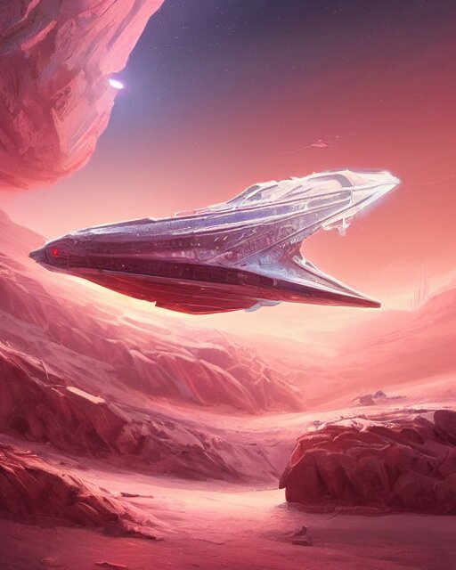 legendary space ship, ice fish shape, desert planet, cinematic, highly detailed, scifi, intricate digital painting, sunset, red glow, illustration, artstation, by johnson ting, jama jurabaev 