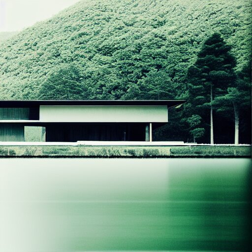 modern house on the lake, artwork by tadao ando, mystic, melancholy, pinhole analogue photo quality, lomography, blur, unfocus, cinematic, foil effect, holographic effect 