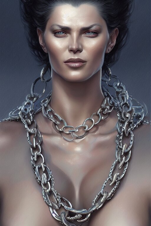 fullbody potrait of schitzophrenic woman in street, woman is wearing chains, hyper realistic, intricate, elegant, highly detailed, digital painting, artstation, concept art, matte, sharp focus art by boris vallejo and greg rutkowski, smooth, sharp focus, illustration 