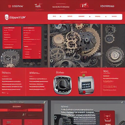 a full ux layout of a steampunk mechanical dog dashboard and marketplace site design, red theme. 