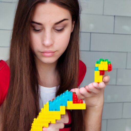 woman, 1 8 years old, brown hair, brown eyes, building the pokemon abra out of legos, well lit, high quality, 