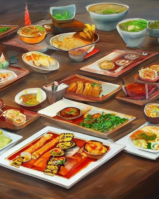 a painting of a table full of korean foods, concept art by taro yamamoto, pixiv contest winner, auto - destructive art, official art, concept art, pixiv 