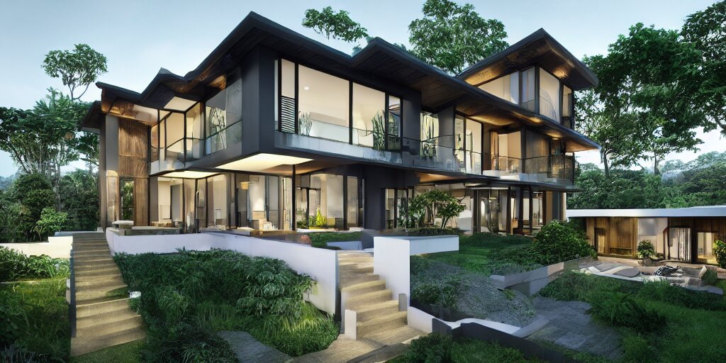 3d rendering  of beautiful nature meets architecture concept of a residential house. balinese architecture, volumetric lighting, high detail, 14mm,  glass railing, outdoor staircase, terraces, roof garden, cinematic photography, cg architects,  high resolution