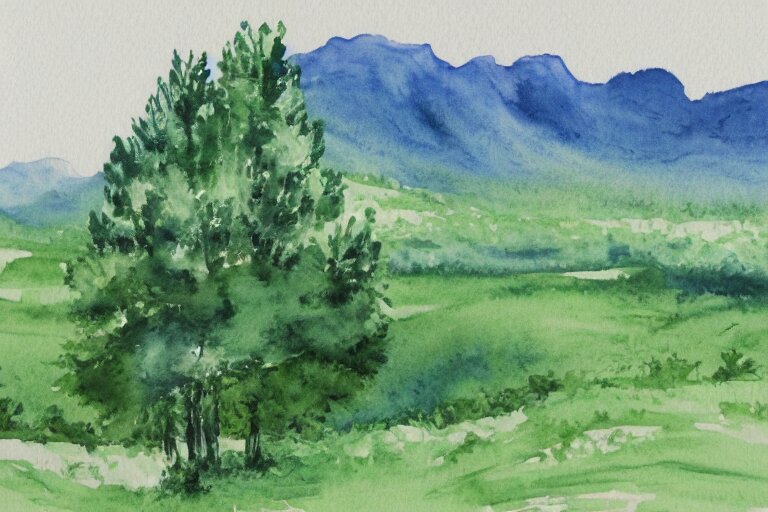 green landscape with trees and mountains in the distance, watercolor 