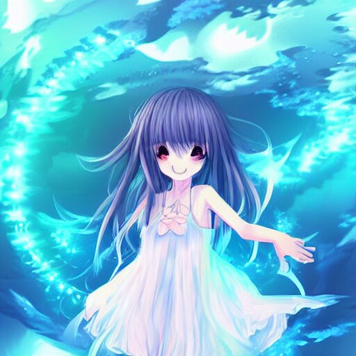 advanced digital art a very cute anime girl wearing a dress made of water turning into mist standing in a crystal lake full body WLOP RossDraws Totorl Sakimimichan