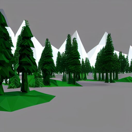 a forest of 3d low poly trees with the mountains in the background, high quality, mobile game