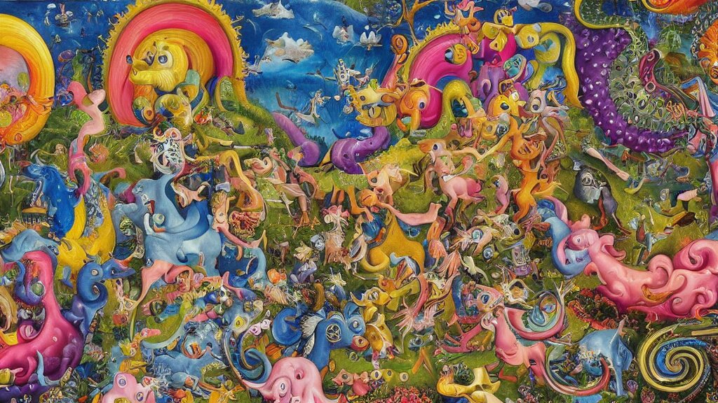 an incredibly detailed masterpiece collaborative painting by bosch and lisa frank, ornate, detailed, high resolution, wow!, intricate