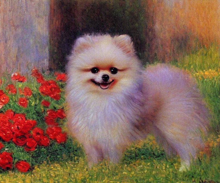 pomeranian, cute, monet, oil painting 