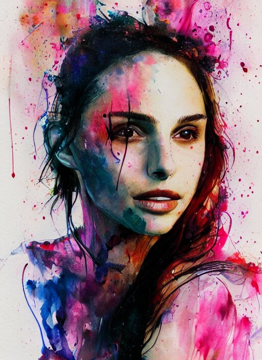 sexy seducing smile nathalie portman yoga pose by agnes cecile, half body portrait, extremely luminous bright design, pastel colours, ink drips, autumn lights 