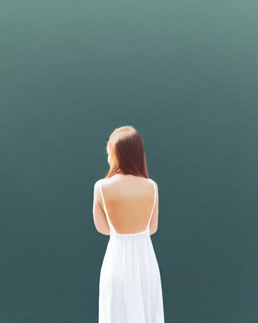 watercolor picture of a beautiful young woman in white dress, from the back, looking at the camera, high key, 8k