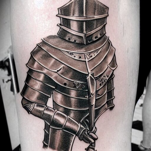 A knight in armor, tattoo, tattoo art, Black and grey tattoo style