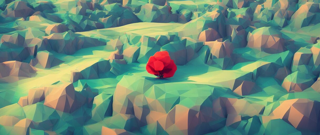 3 d render, mountain landscape, digital art, low poly art, minimalist, poppy, journey game, lowpoly landscape, particles floating, unreal engine, dreamy, brush strokes, bounce light, sunny, complementary palette, redsinski 