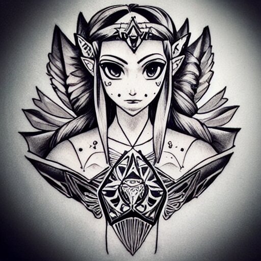 tattoo design, stencil, clean line art, g pen, portrait of princess zelda by artgerm, symmetrical face, beautiful, triforce 