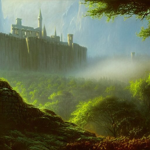 fortress in the misty woods, crisp, clear, matte oil painting, darrell k sweet, wallpaper 